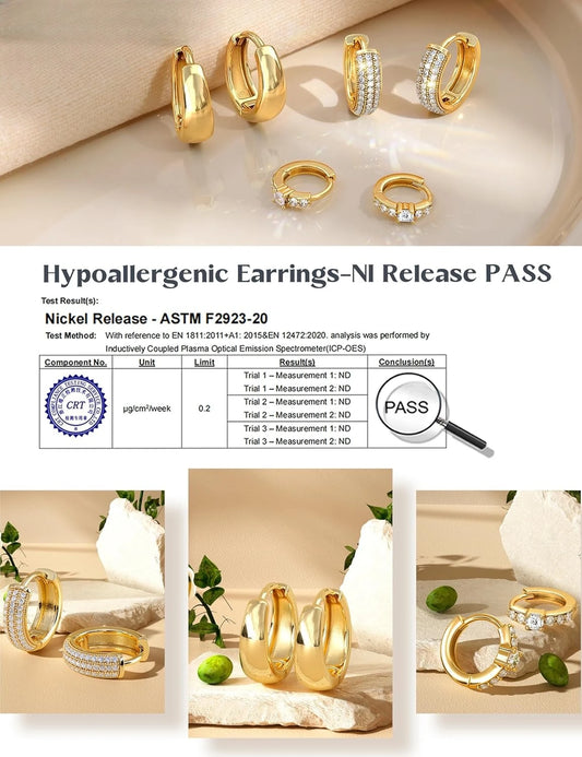 3Pcs Women 18K Gold Plated Chunky CZ Hoops Earrings for Sensitive Ears Non Tarnish Huggie Earring Stacks for Multiple Piercing