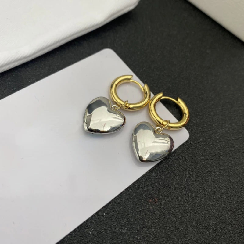 Minimalist Mixed Gold and Silver Heart Pendant Hoop Earrings 