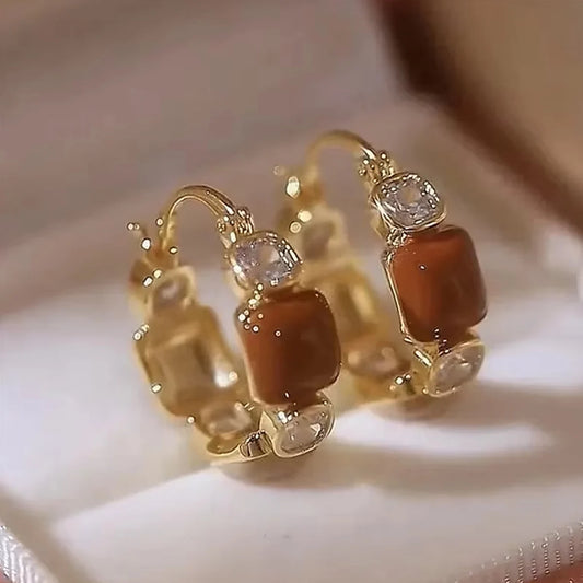 Gold Color Crystal Stone Epoxy Hoop Earrings for Women Geometric Girls Vintage Earrings Y2K Irovy Light Brown Hoop Earrings
